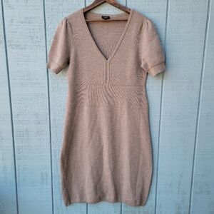 Talbots 100 % Pure Merino Wool Knit Knee Length Dress sz L Tan Quiet Luxury Old